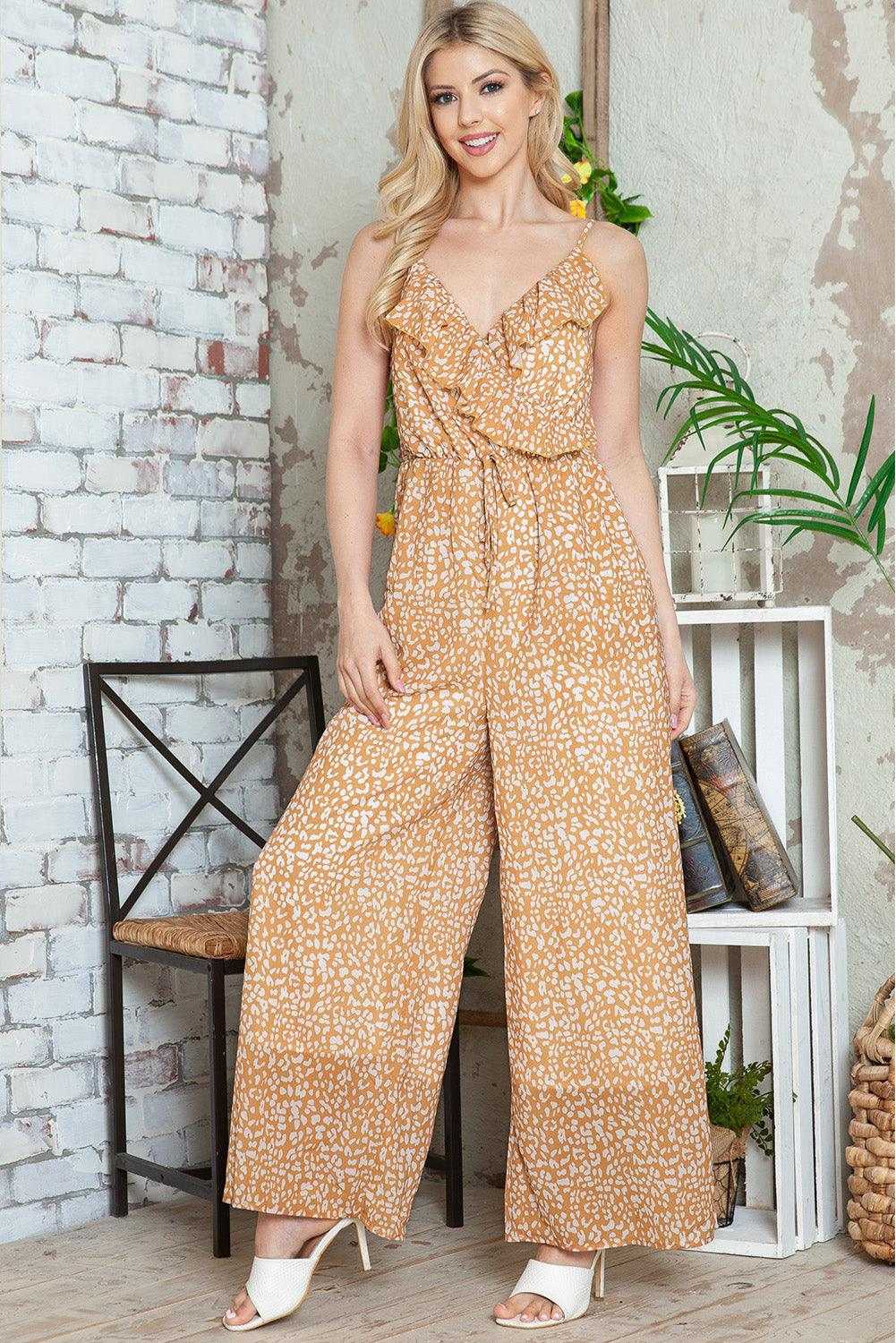 Yellow Leopard Print Drawstring Ruffled Wrap V Neck Jumpsuit - Vesteeto