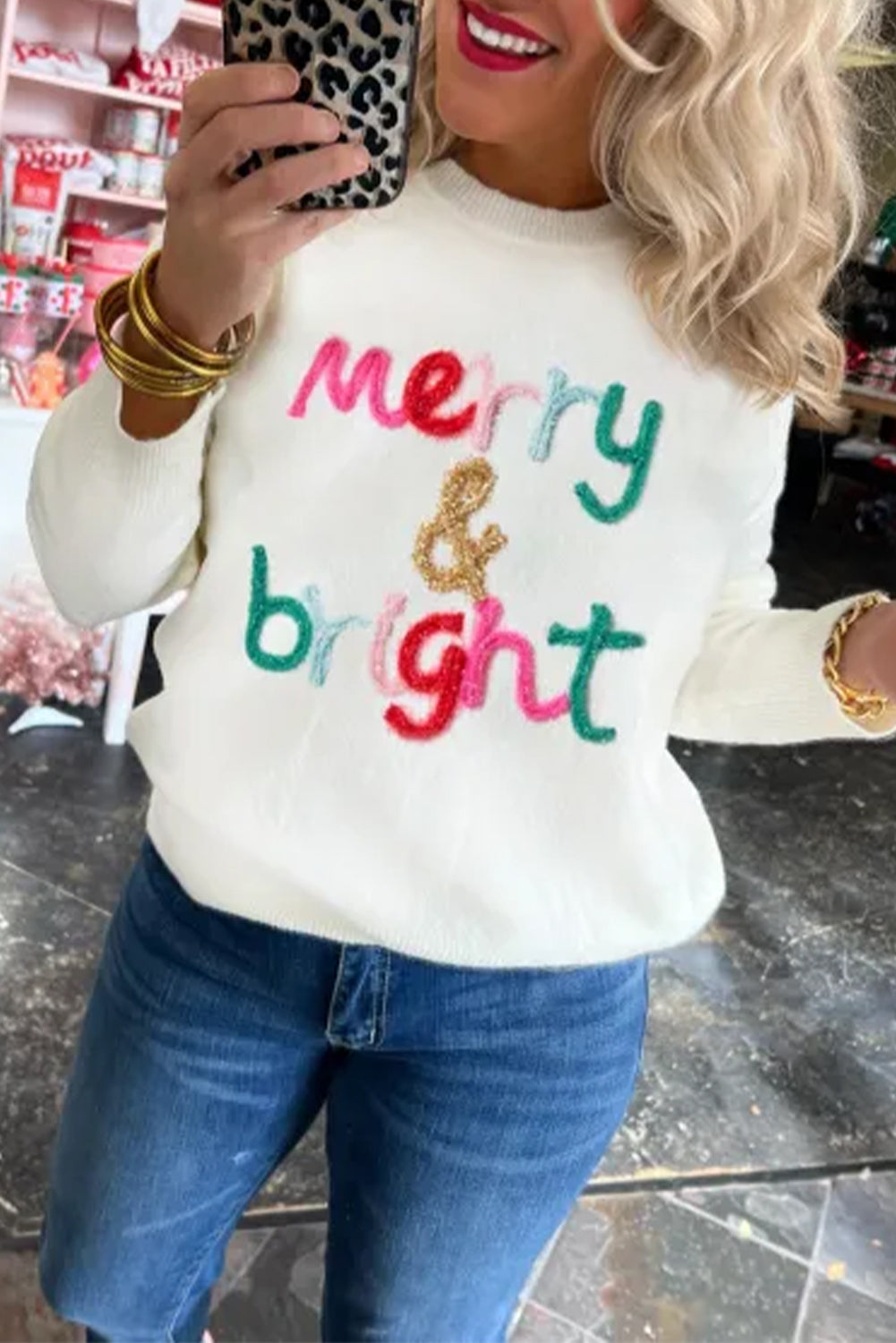 White Glitter Merry & Bright Round Neck Knit Sweater 