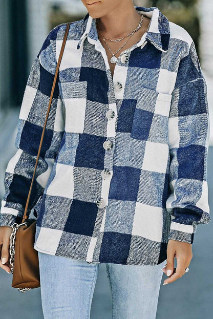 Plaid Color Block Buttoned Pocket Long Sleeve Shacket 