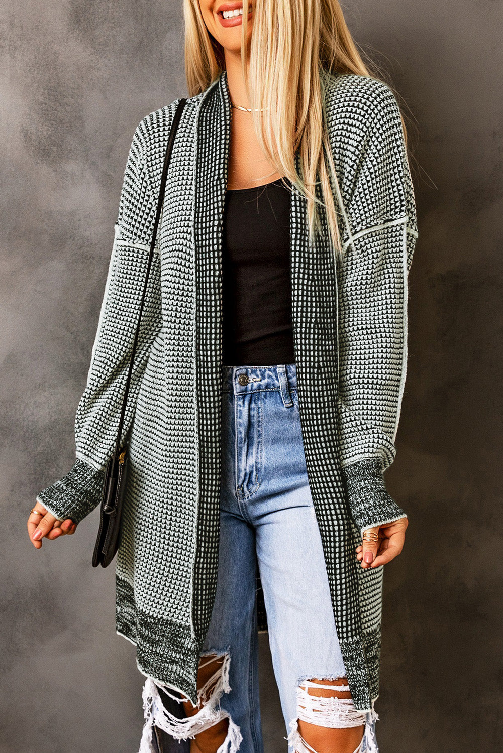 Pink Plaid Contrast Trim Casual Knit Long Cardigan 