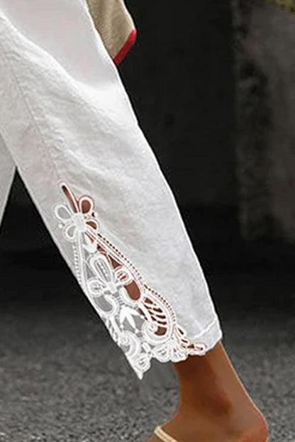 Khaki Lace Splicing Drawstring Linen Pants - Vesteeto