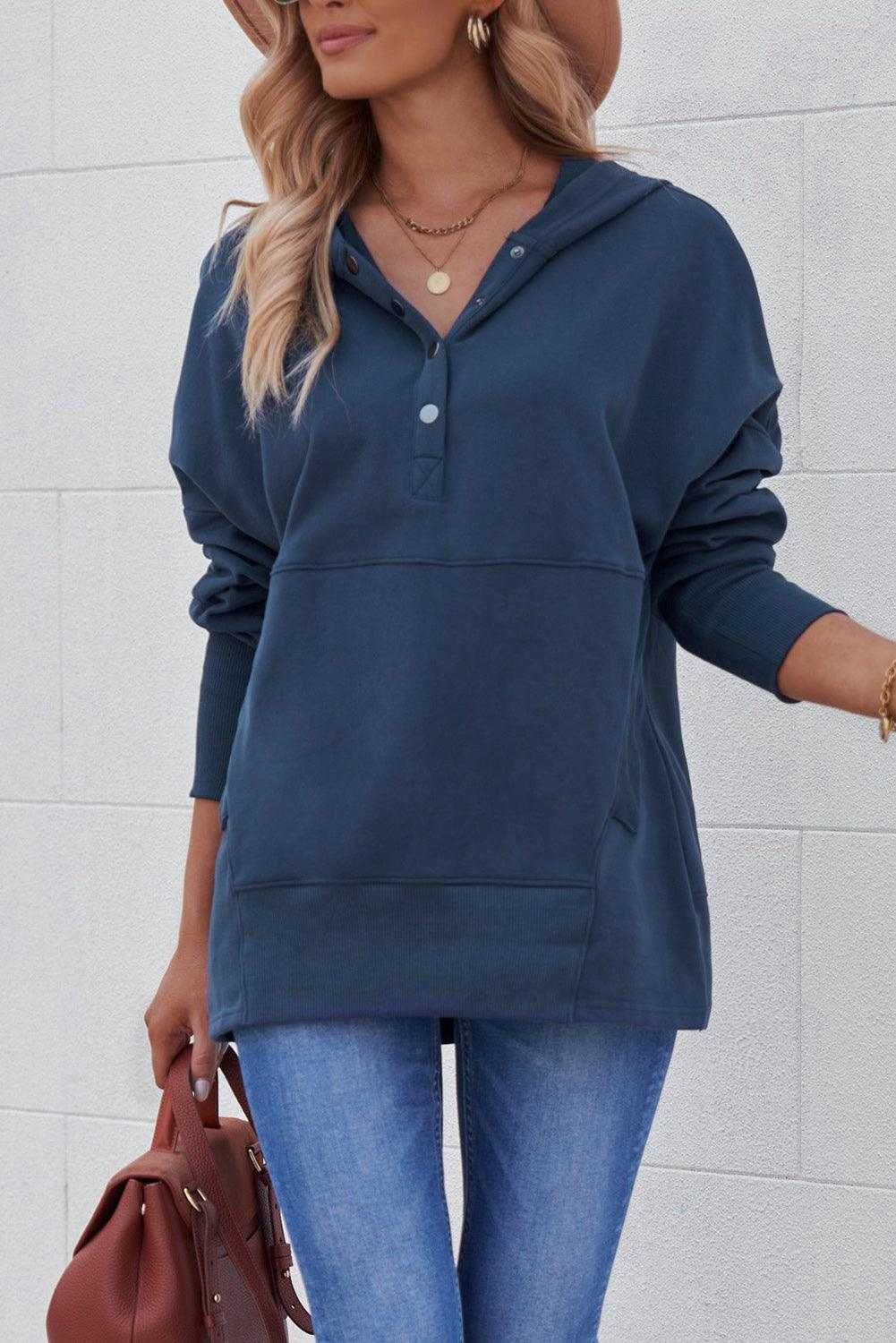 Light Blue Casual Batwing Sleeve Pocket Henley Hoodie 