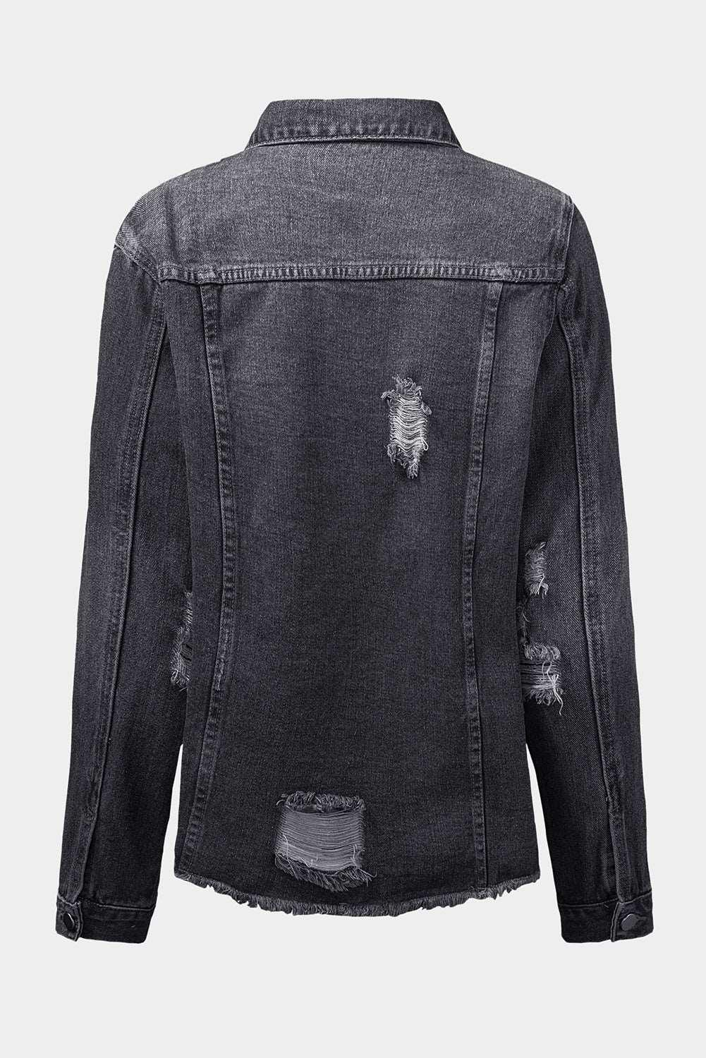 Black Casual Distressed Raw Hem Buttons Denim Jacket - Vesteeto