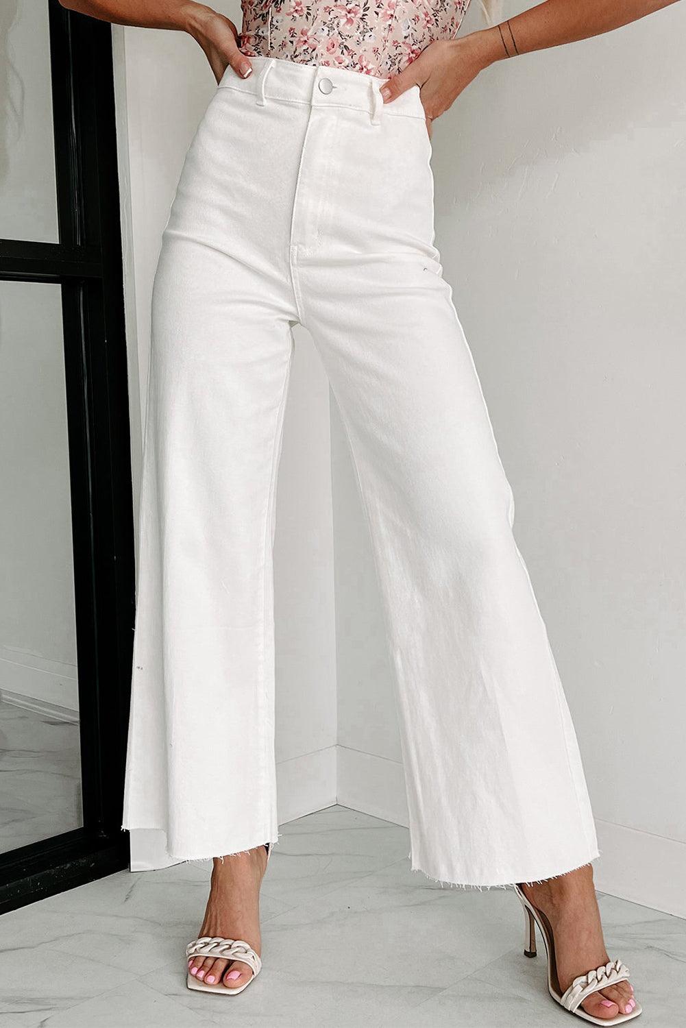 White Solid Raw Hem Wide Leg Crop Jeans - Vesteeto