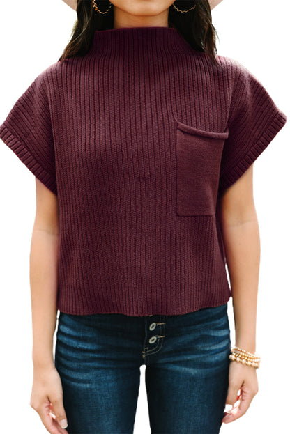 Pink Patch Pocket Ribbed Knit Short Sleeve Sweater 