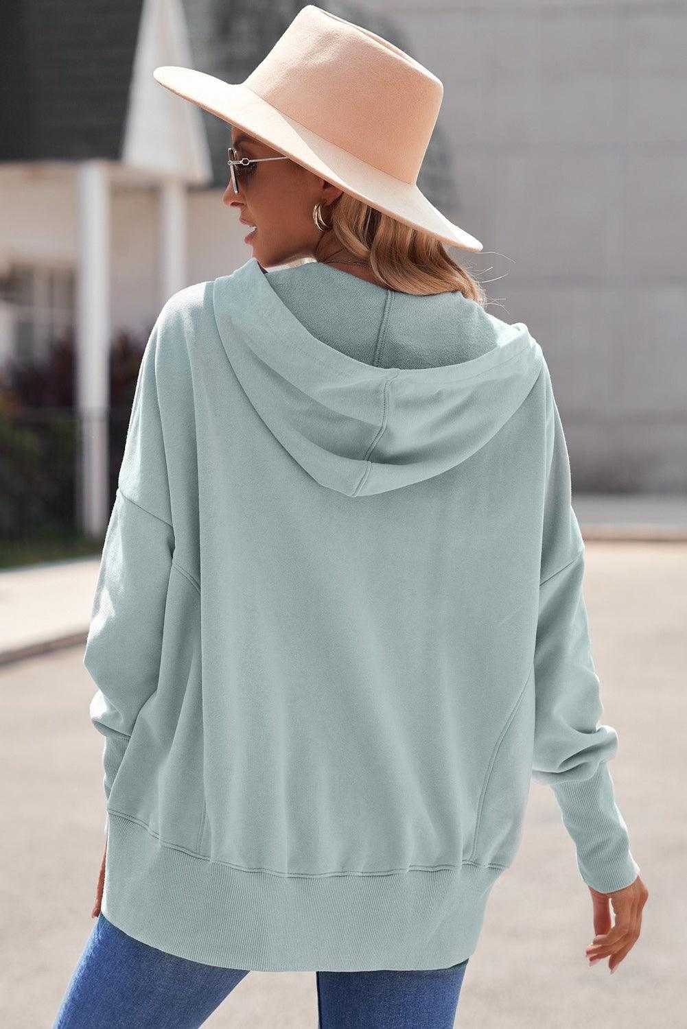 Light Blue Casual Batwing Sleeve Pocket Henley Hoodie 