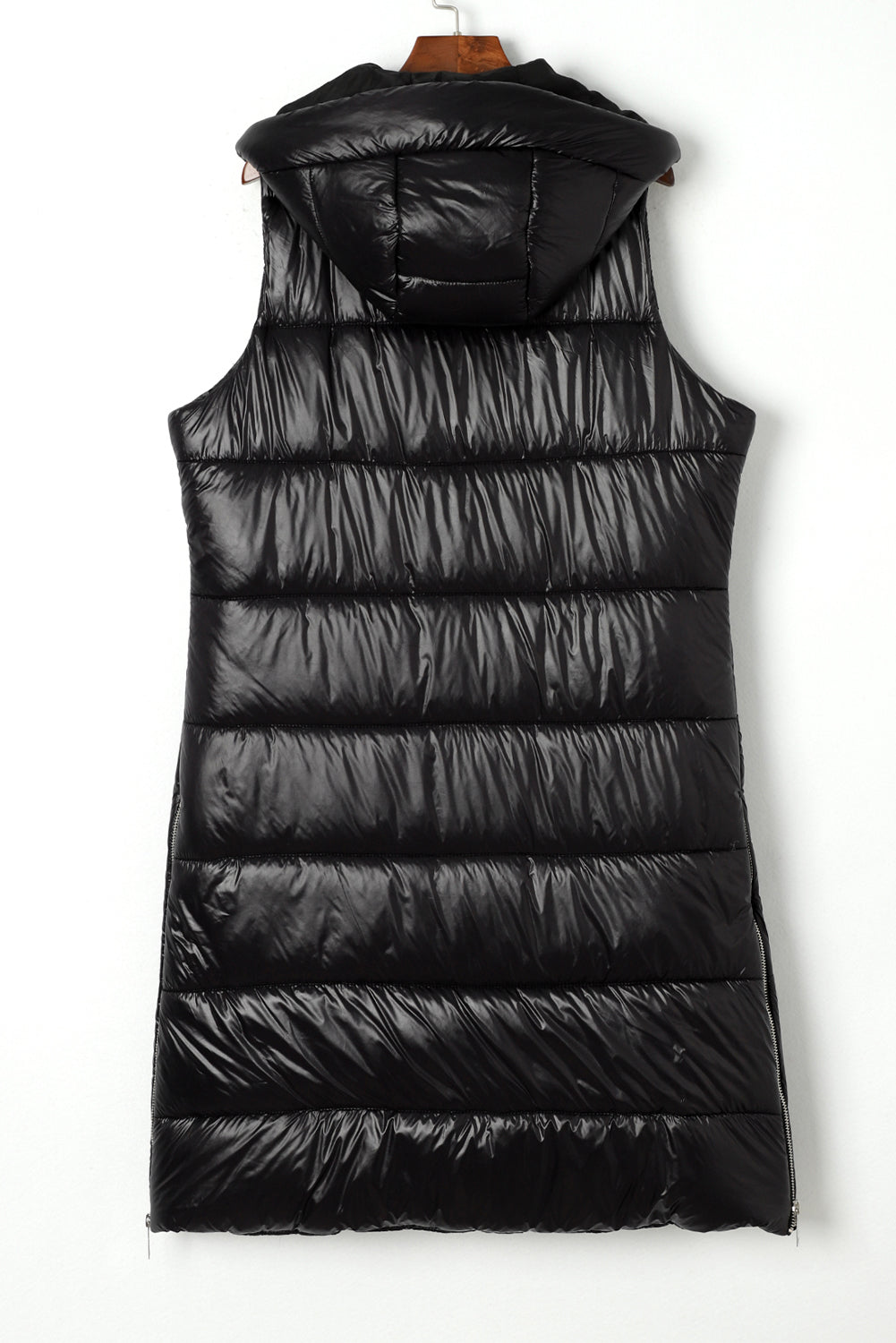 Dark Grey Hooded Pocketed Quilted Long Vest Coat 