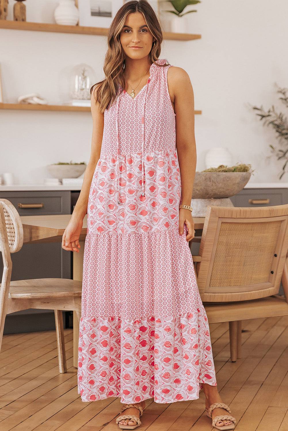 Pink Abstract Sleeveless V Neck Summer Tiered Dress 