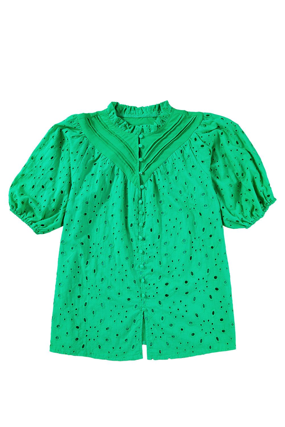 Green Flower Hollow-out Short Puff Sleeve Blouse 