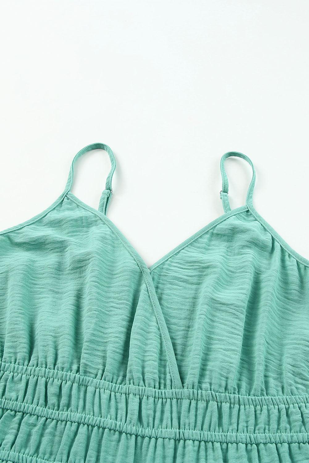 Green Shirred High Waist Sleeveless V Neck Jumpsuit - Vesteeto