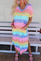 Multicolor Striped V Neck Side Slits T Shirt Dress with Pockets