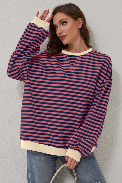 Blue Stripe Contrast Edge Cross Seam Oversized Pullover 