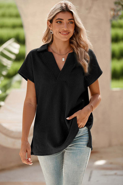 Black Textured V Neck Collared Slit Hem T Shirt - Stylish Top - Vesteeto