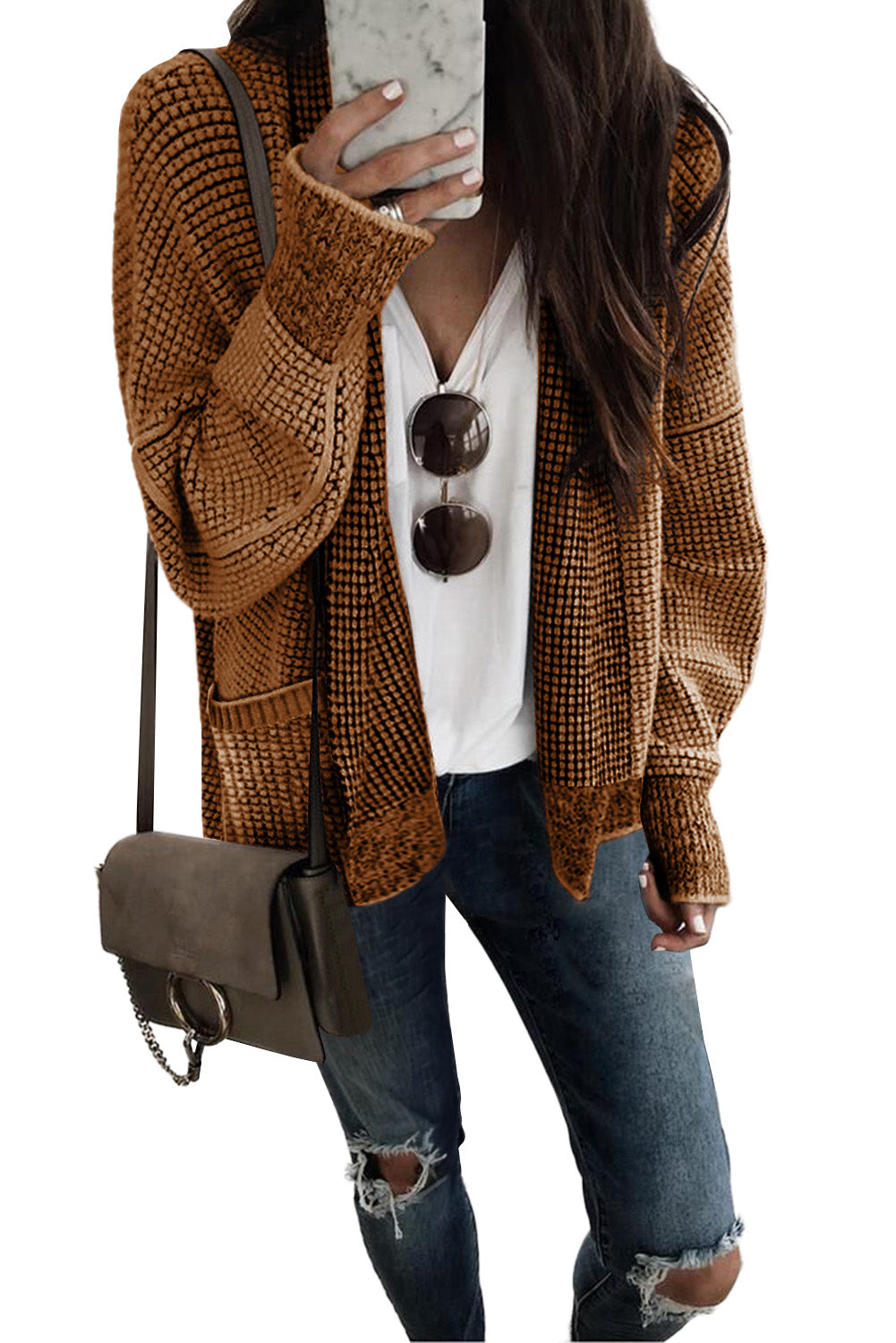 Brown Chunky Knit Pocketed Drop Sleeve Cardigan 