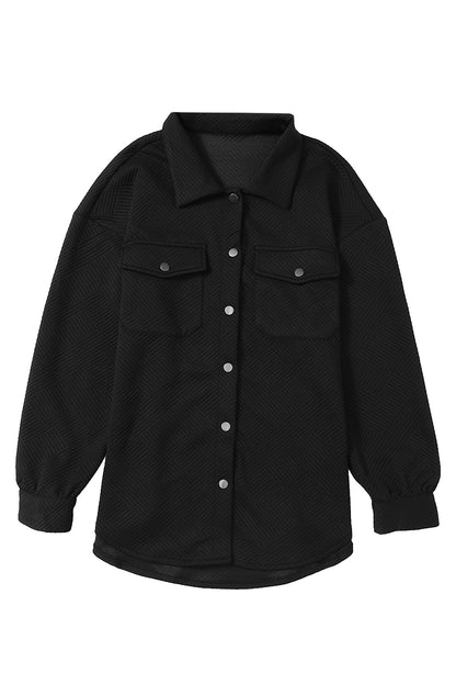 Black Solid Textured Flap Pocket Buttoned Shacket 