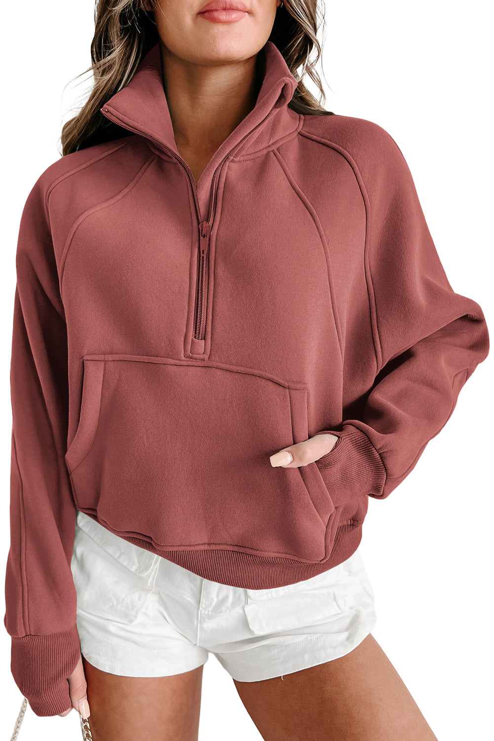 Smoke Green Zip Up Stand Collar Ribbed Thumbhole Sleeve Sweatshirt 