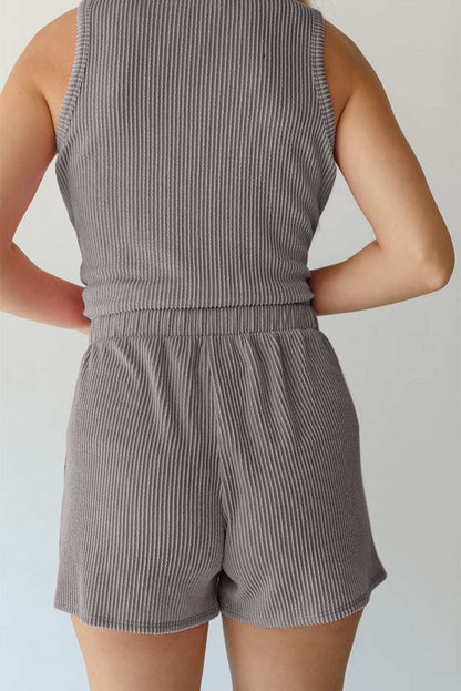 Smoke Gray Corded Tank Top and Pocketed Shorts Set 