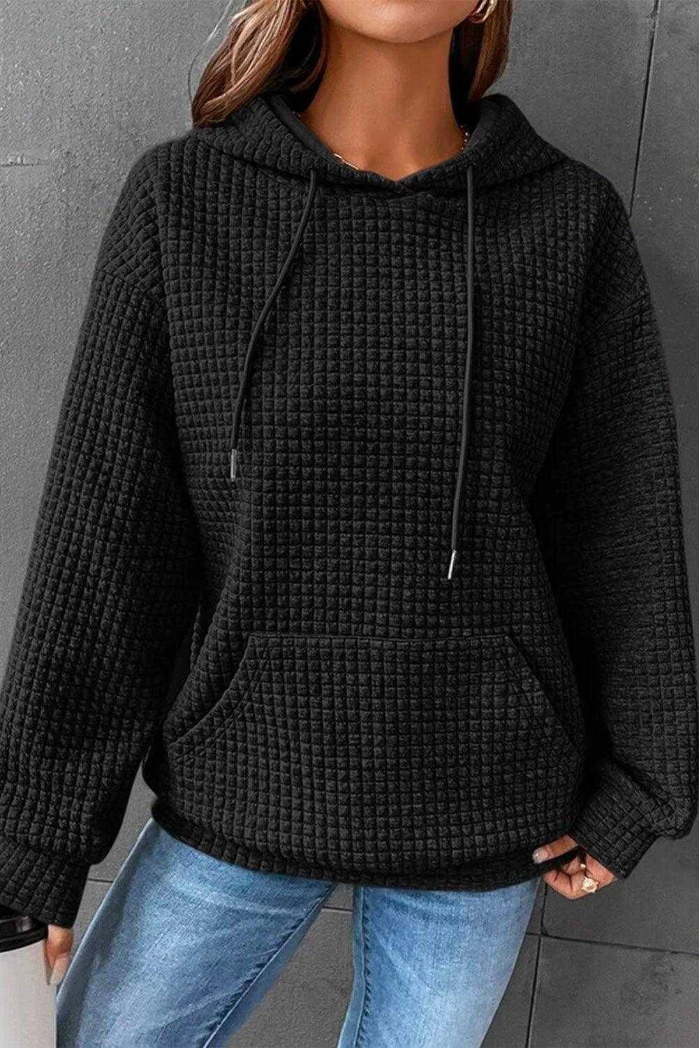 Black Lattice Textured Kangaroo Pocket Drawstring Hoodie 