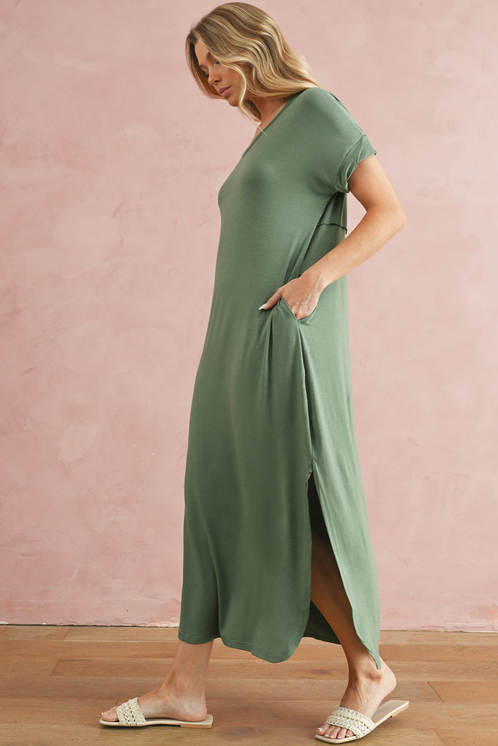 Grass Green Solid Color Hidden Pocket V Neck Slit Maxi Dress 