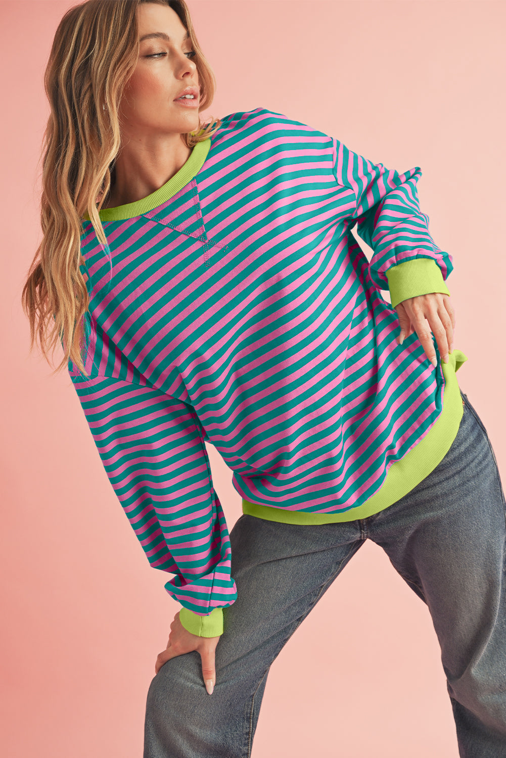 Blue Stripe Contrast Edge Cross Seam Oversized Pullover 