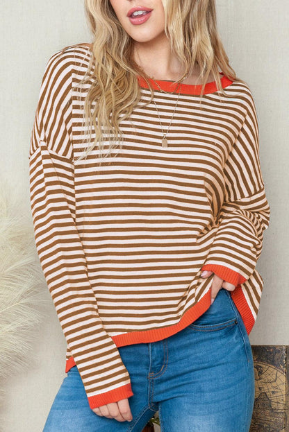 Striped Colorblock Trim Knit Pullover Sweater 