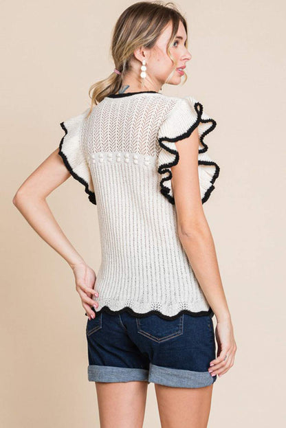 White Contrast Trim Ruffle Hollow Knit Tee