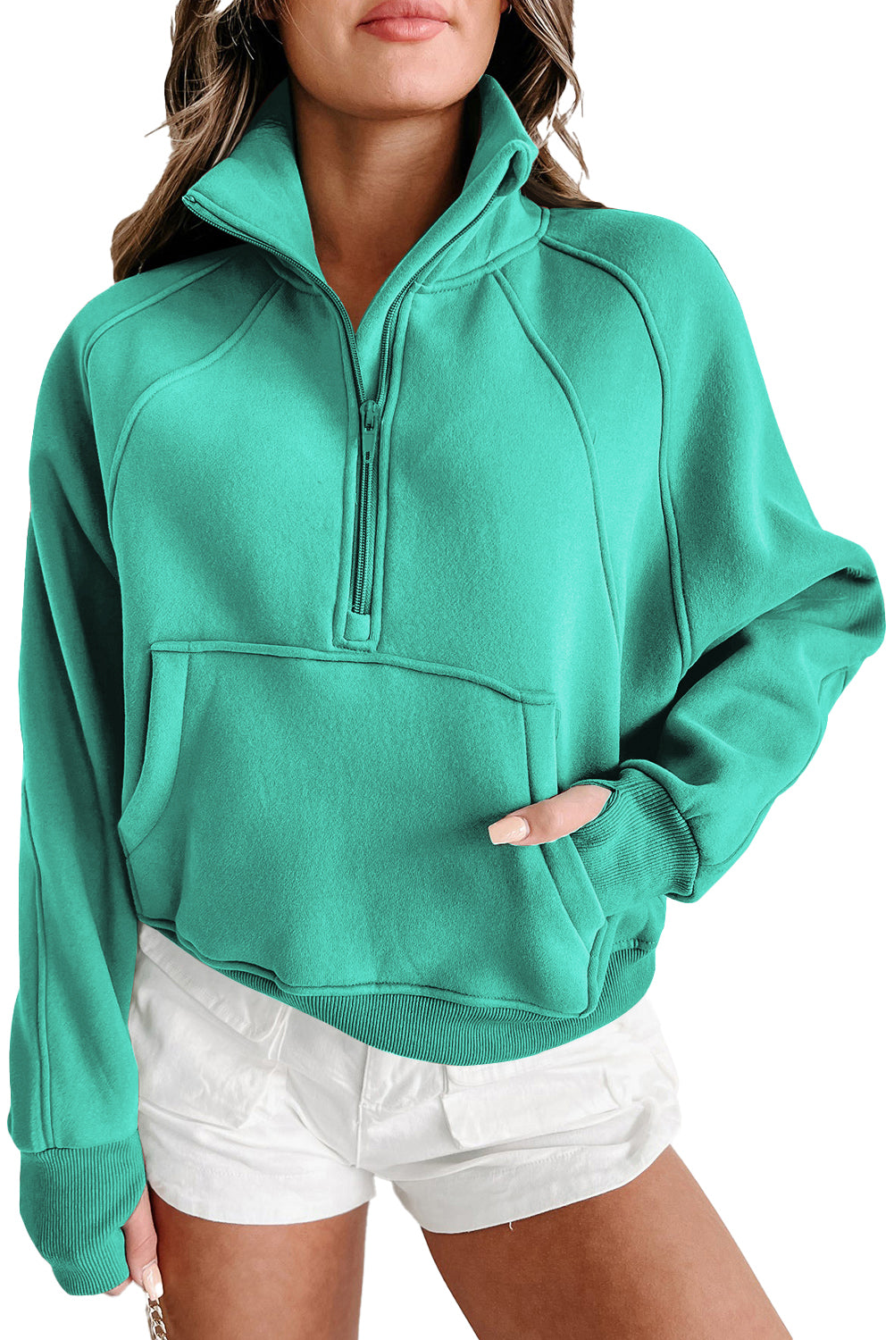 Smoke Green Zip Up Stand Collar Ribbed Thumbhole Sleeve Sweatshirt 