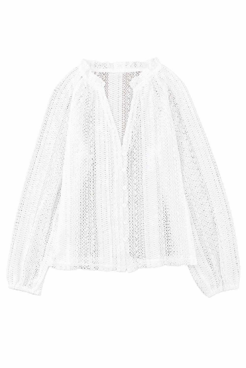 White Notch Neck Button Down Raglan Sleeve Crochet Top 