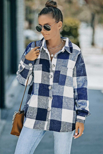 Plaid Color Block Buttoned Pocket Long Sleeve Shacket 