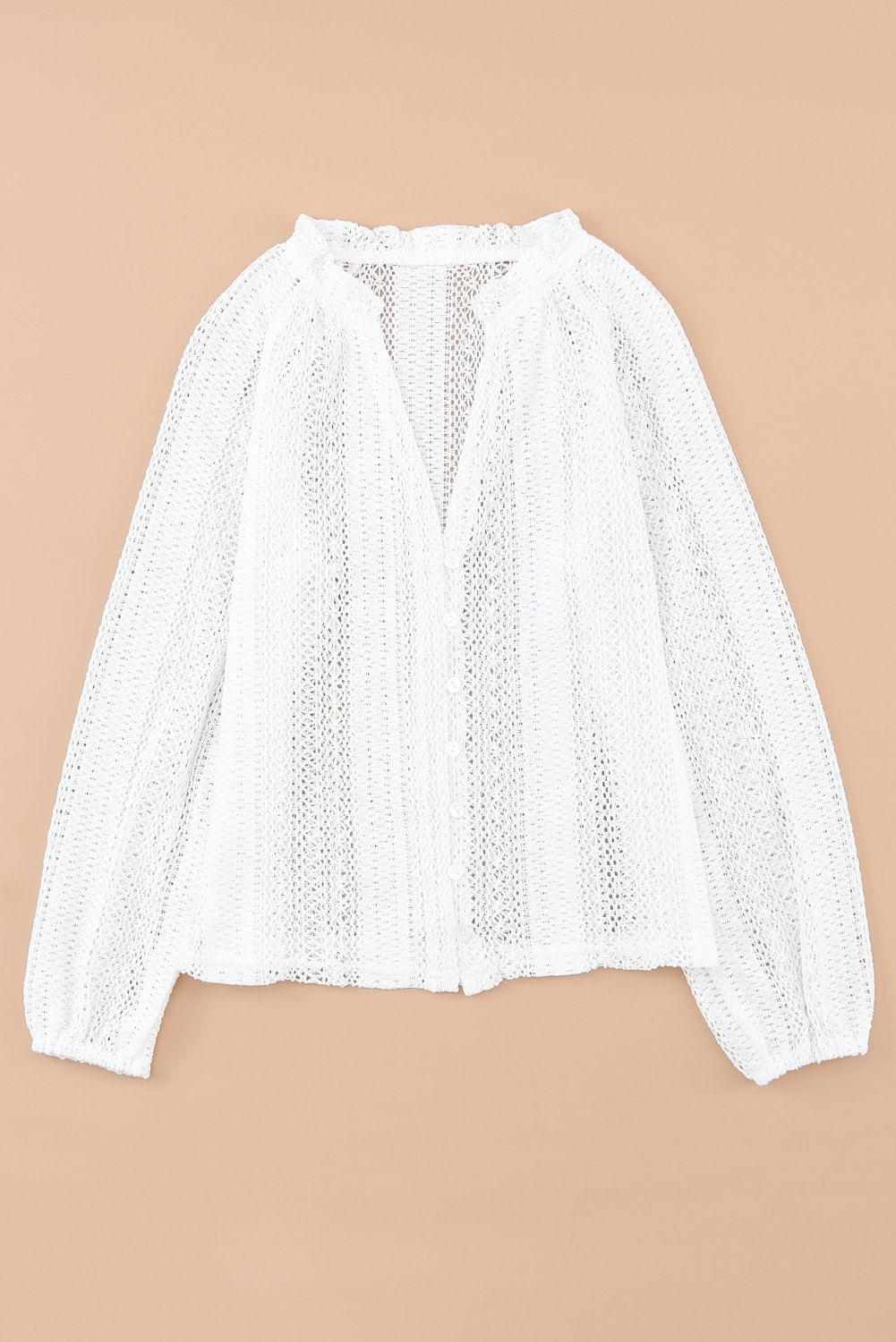 White Notch Neck Button Down Raglan Sleeve Crochet Top 