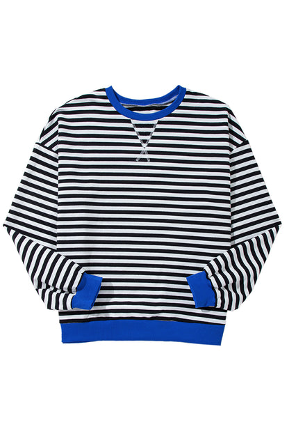 Blue Stripe Contrast Edge Cross Seam Oversized Pullover 