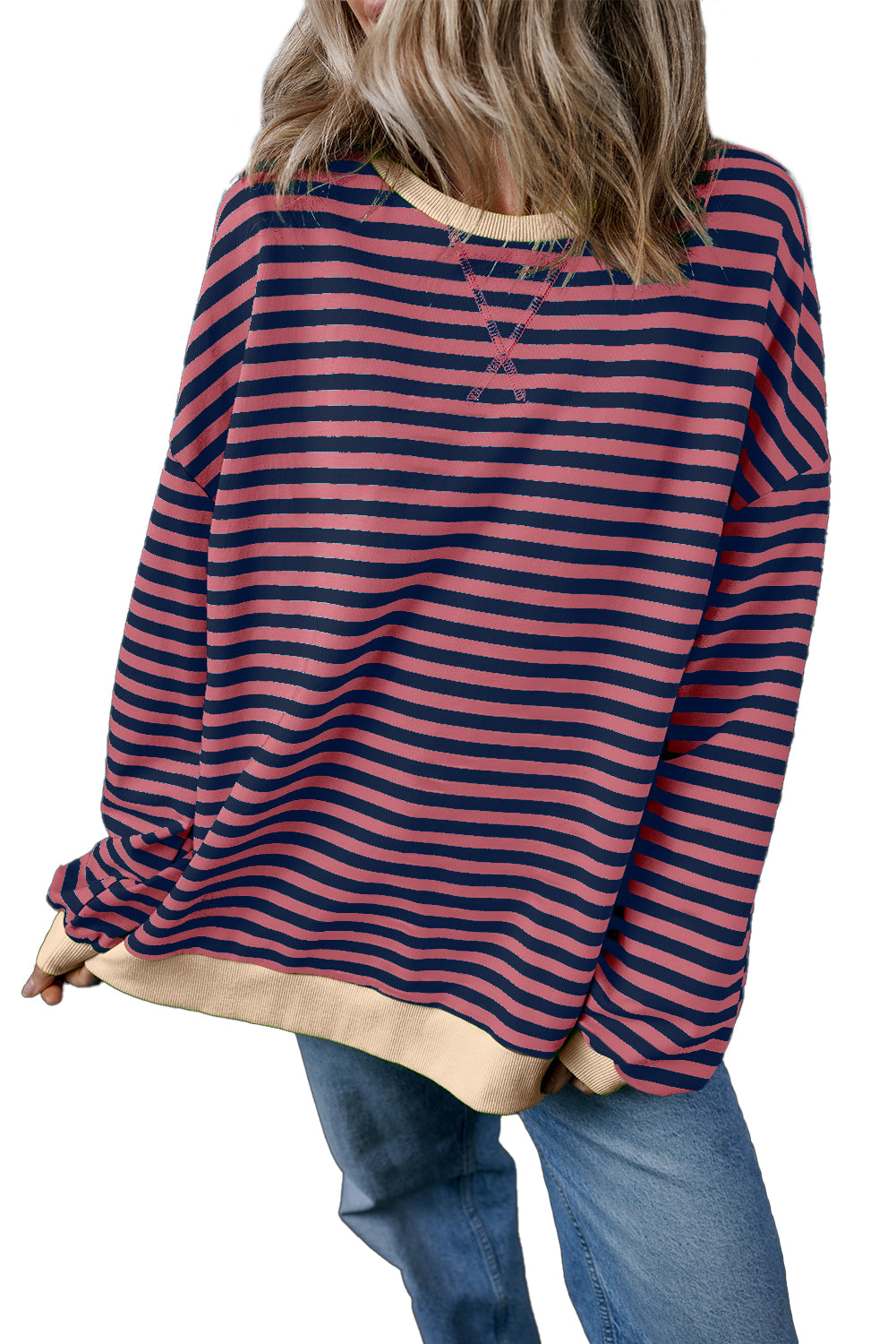 Blue Stripe Contrast Edge Cross Seam Oversized Pullover 