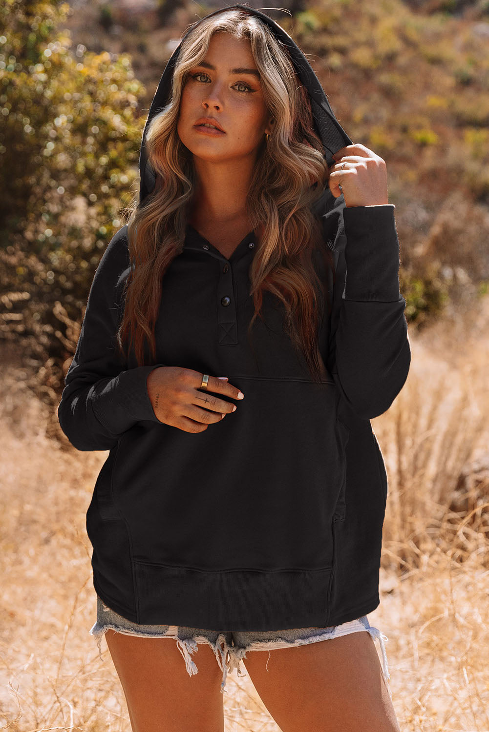 Black Casual Pocketed Batwing Sleeve Henley Hoodie 