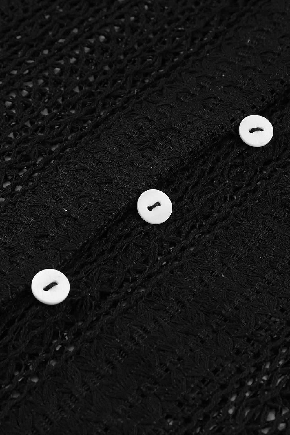 White Notch Neck Button Down Raglan Sleeve Crochet Top - Vesteeto