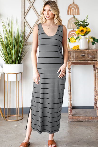 Khaki Striped Backless Casual Side Slits Maxi Dress