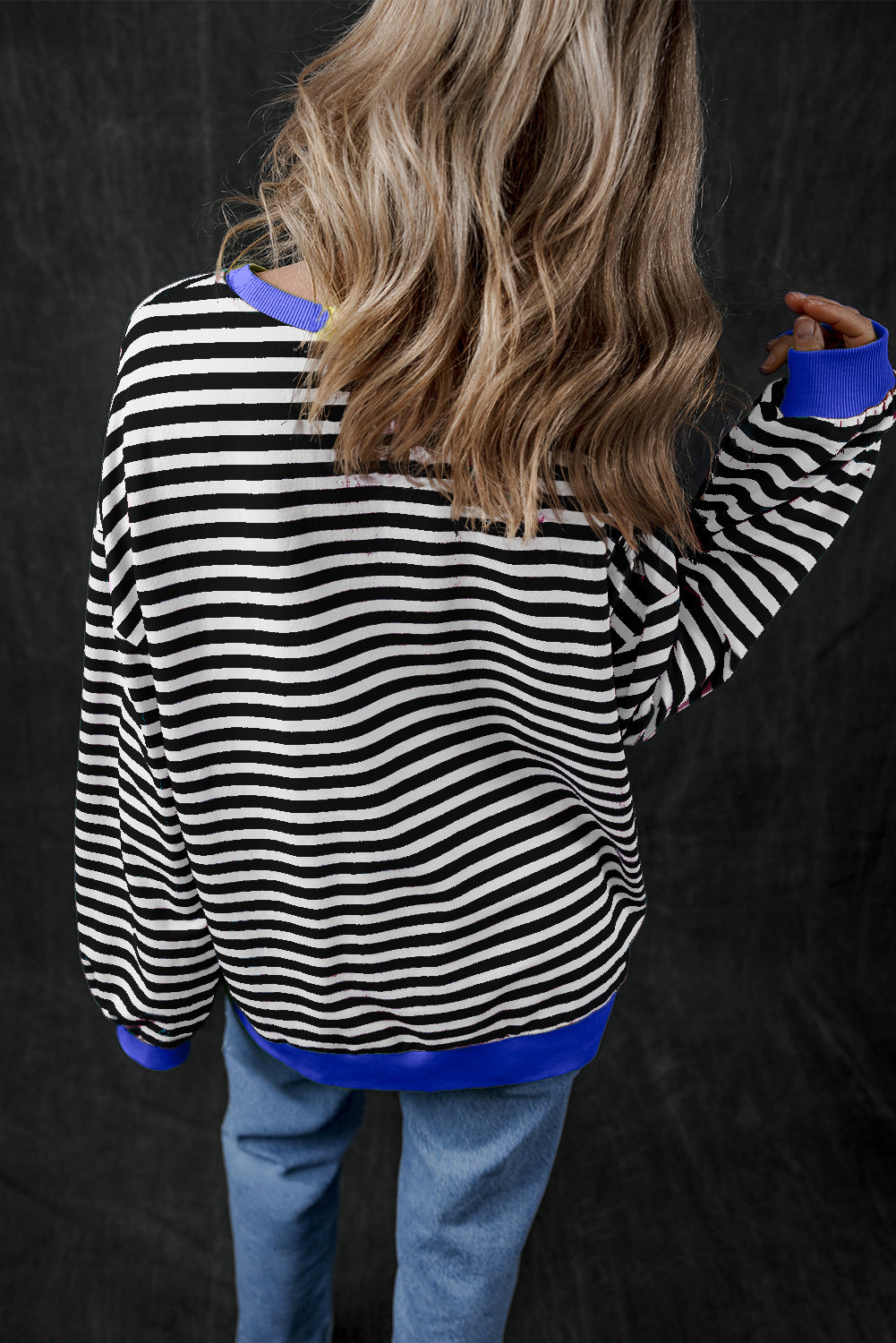 Blue Stripe Contrast Edge Cross Seam Oversized Pullover 