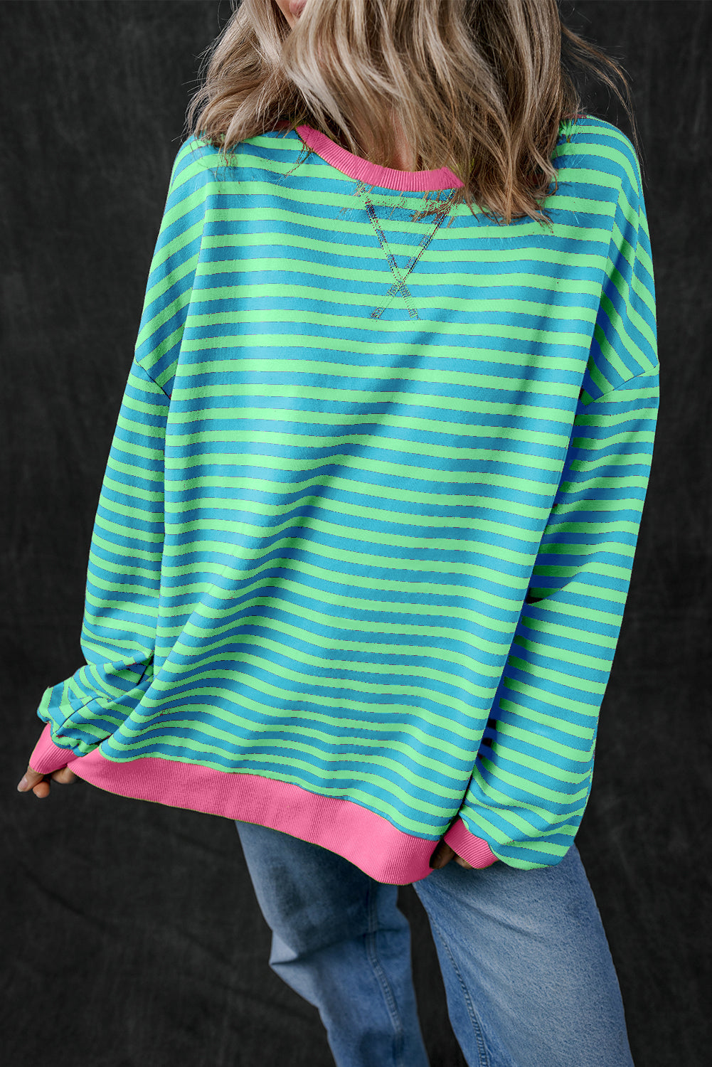 Blue Stripe Contrast Edge Cross Seam Oversized Pullover 