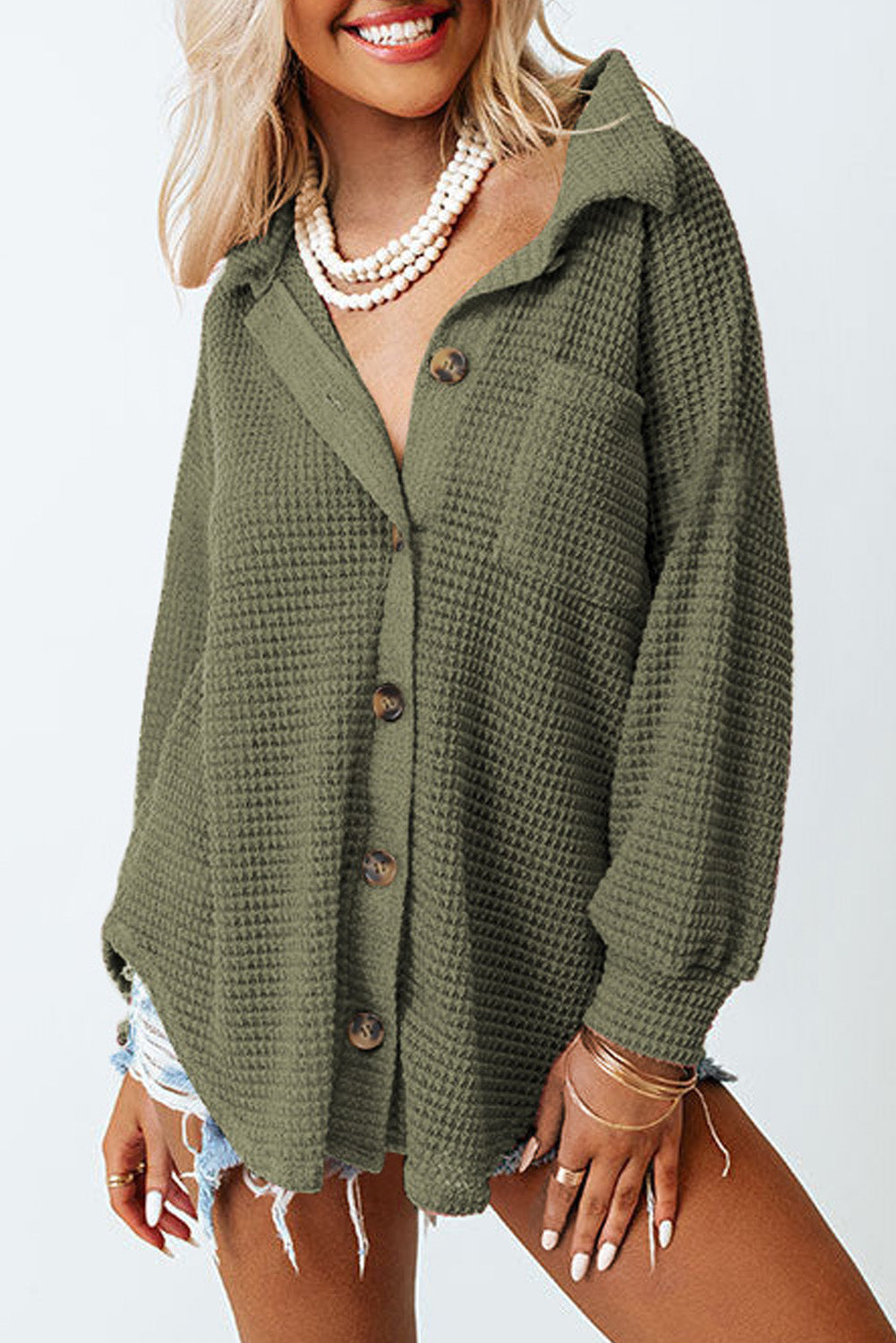 Green Waffle Knit Pocket Button Front Shacket 