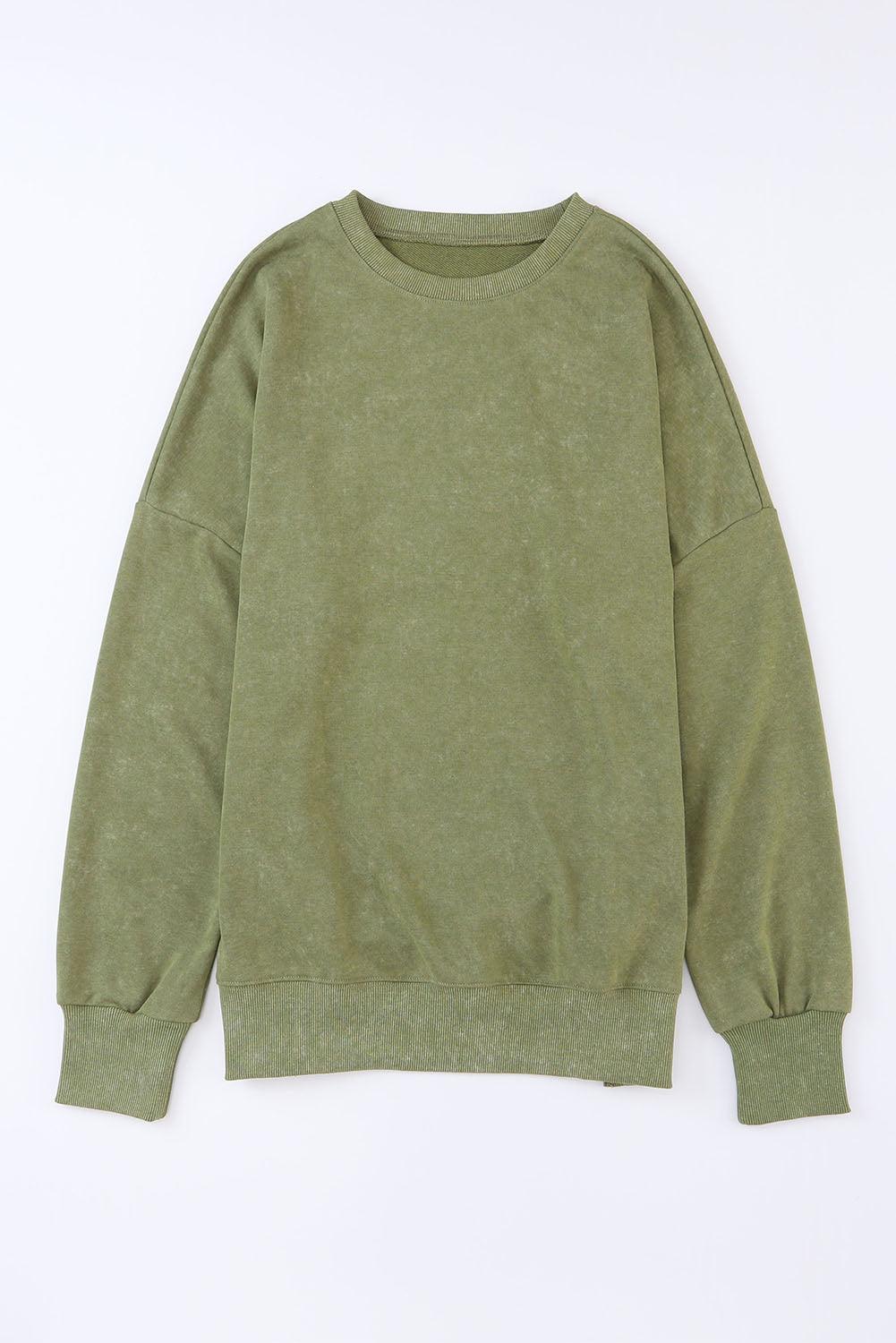 Green Plain Drop Shoulder Ribbed Trim Oversized Sweatshirt - Vesteeto