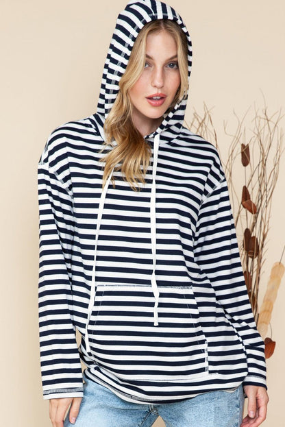 Stripe Print Kangaroo Pocket Drawstring Hoodie - Vesteeto