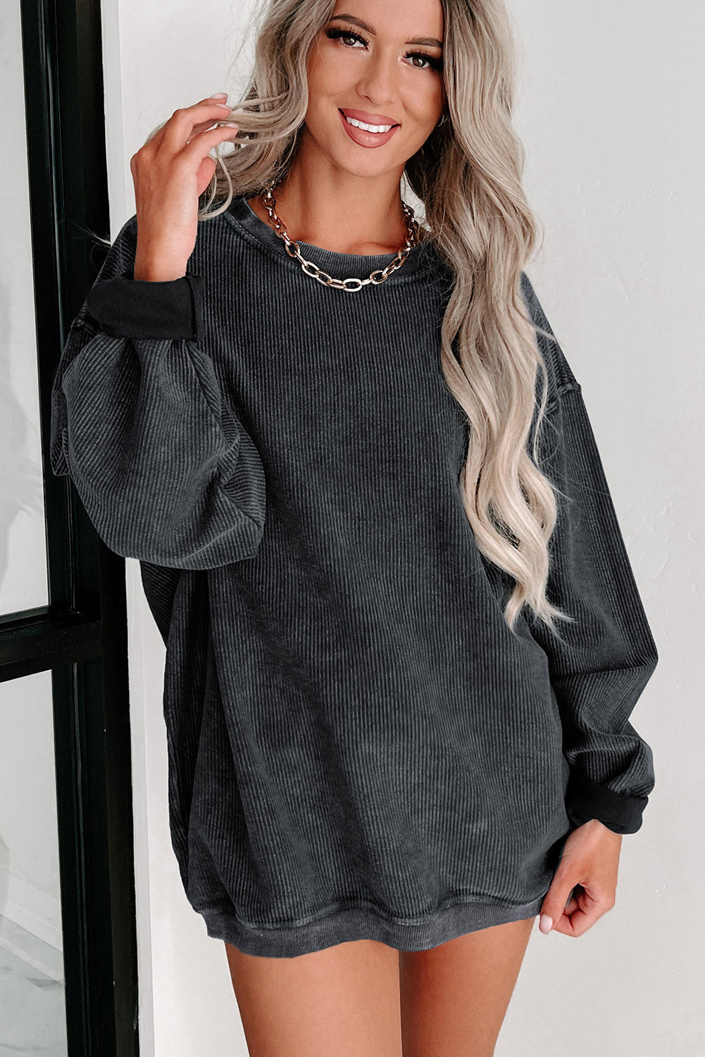 Pink Solid Ribbed Round Neck Pullover Sweatshirt 