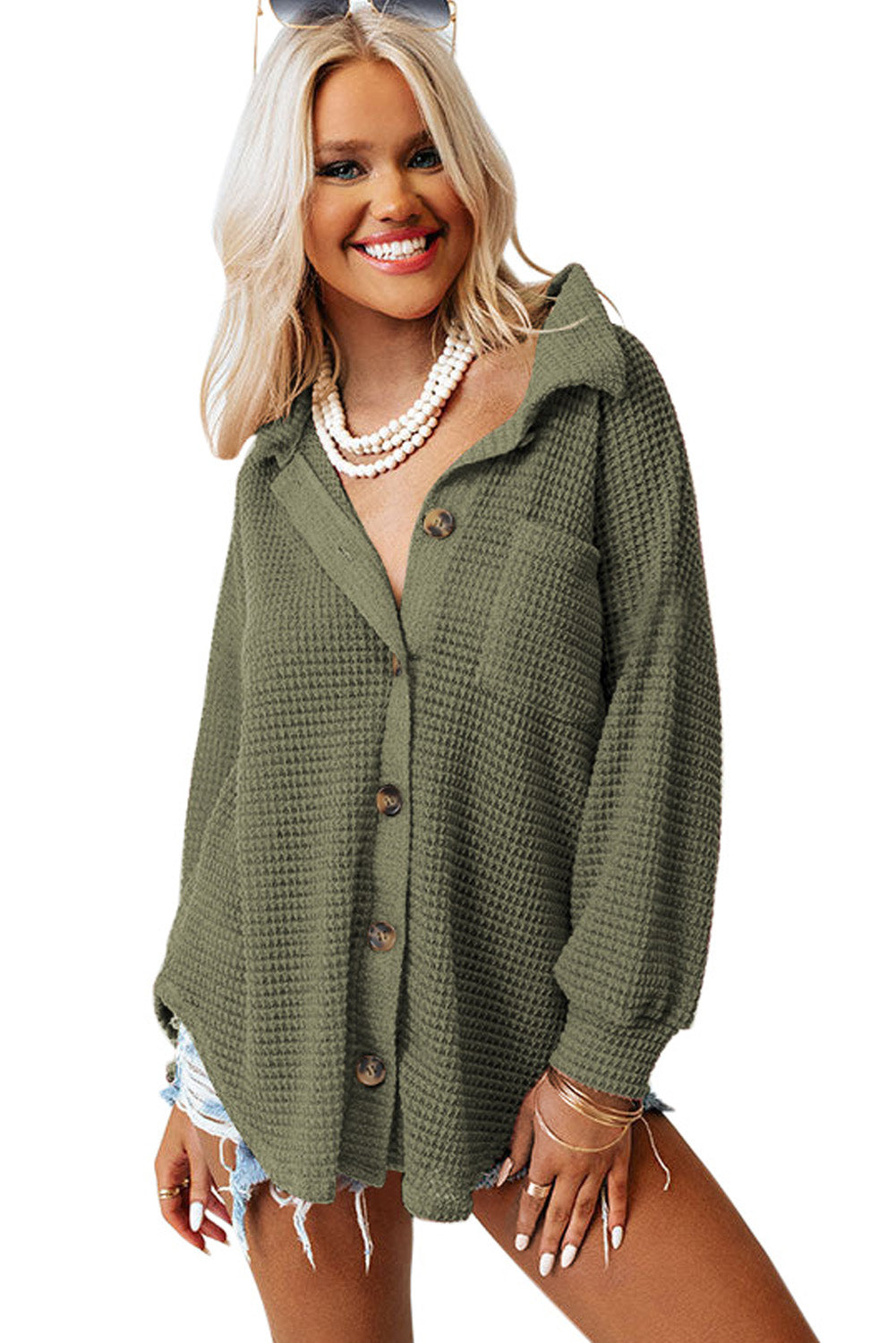 Green Waffle Knit Pocket Button Front Shacket 