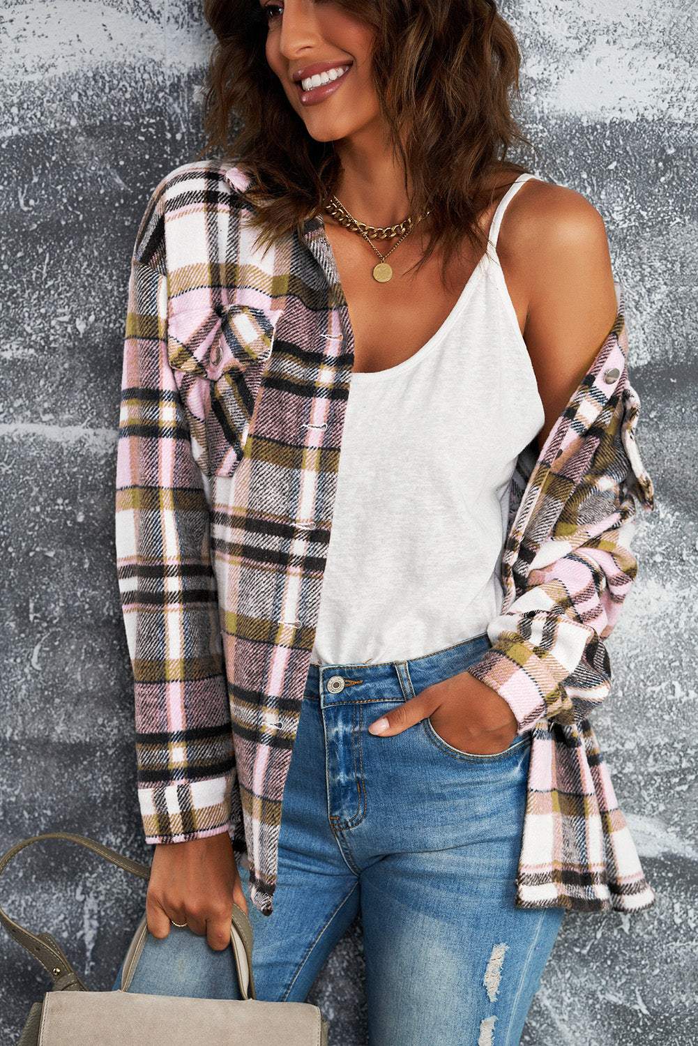 Brown Plaid Button Up Long Sleeve Flannel Shacket 