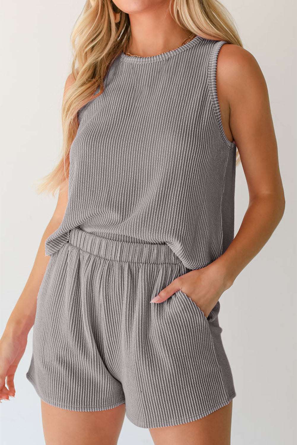 Smoke Gray Corded Tank Top and Pocketed Shorts Set 