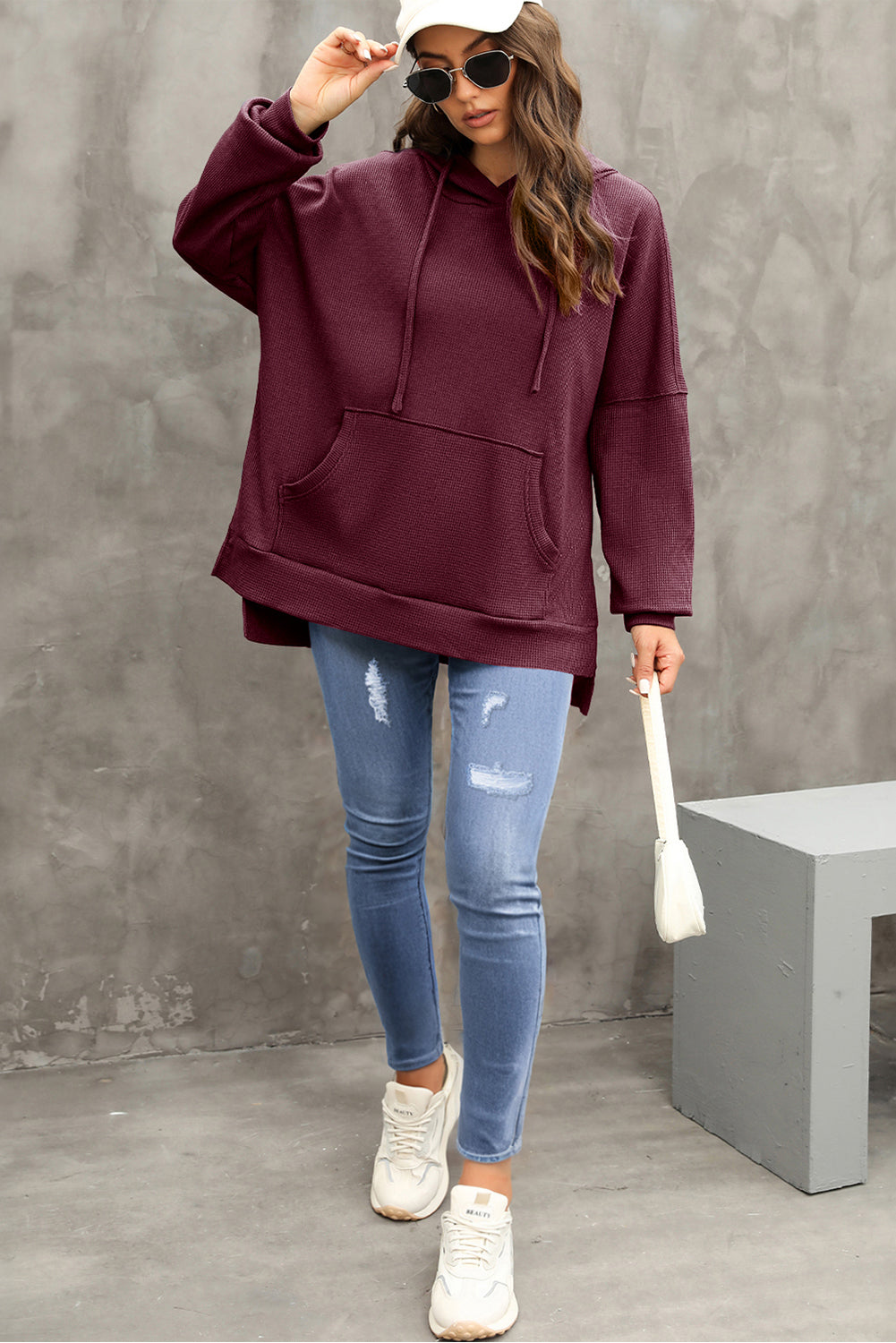 Coffee Waffle Knit High Low Oversized Hoodie 