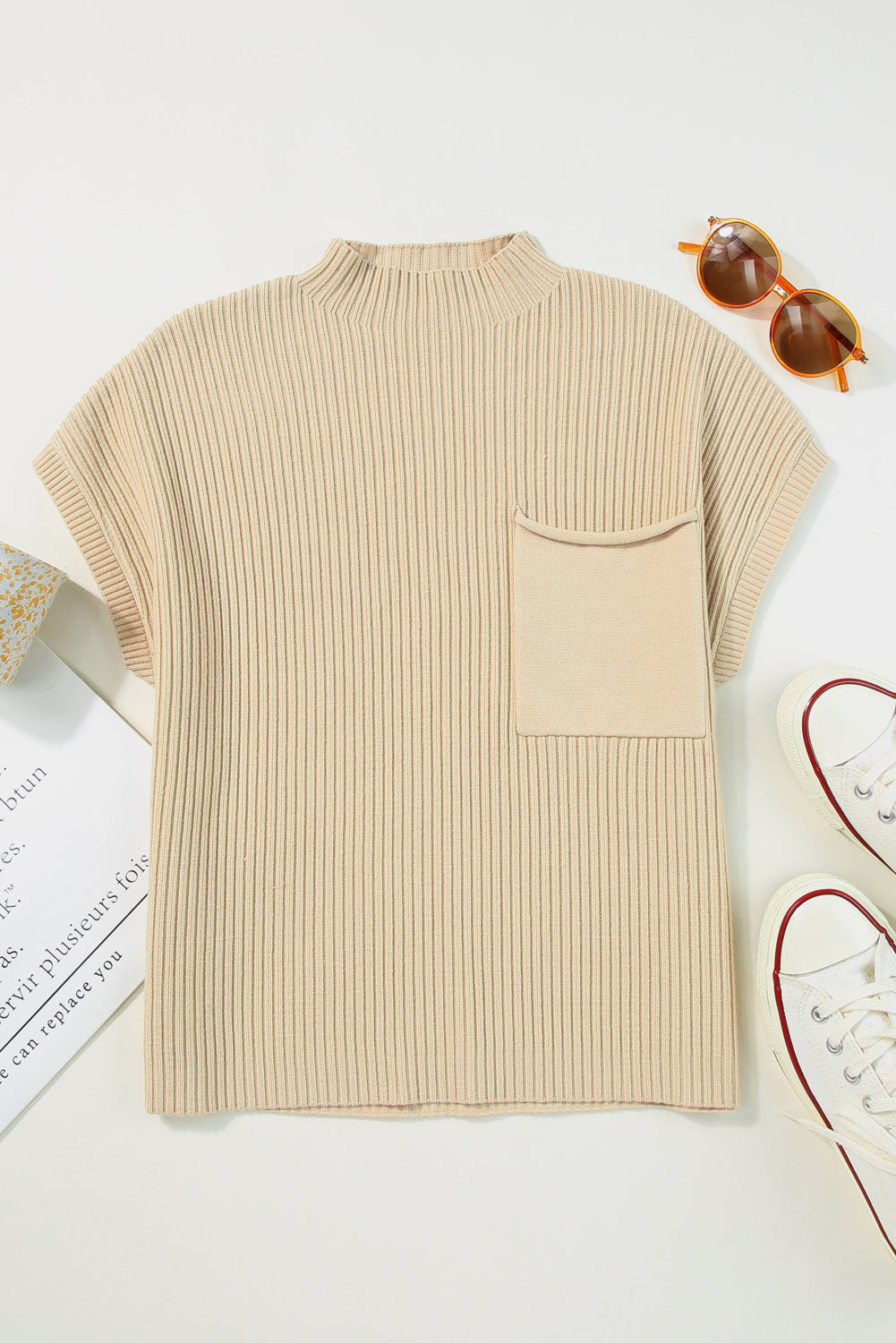 Pink Patch Pocket Ribbed Knit Short Sleeve Sweater 