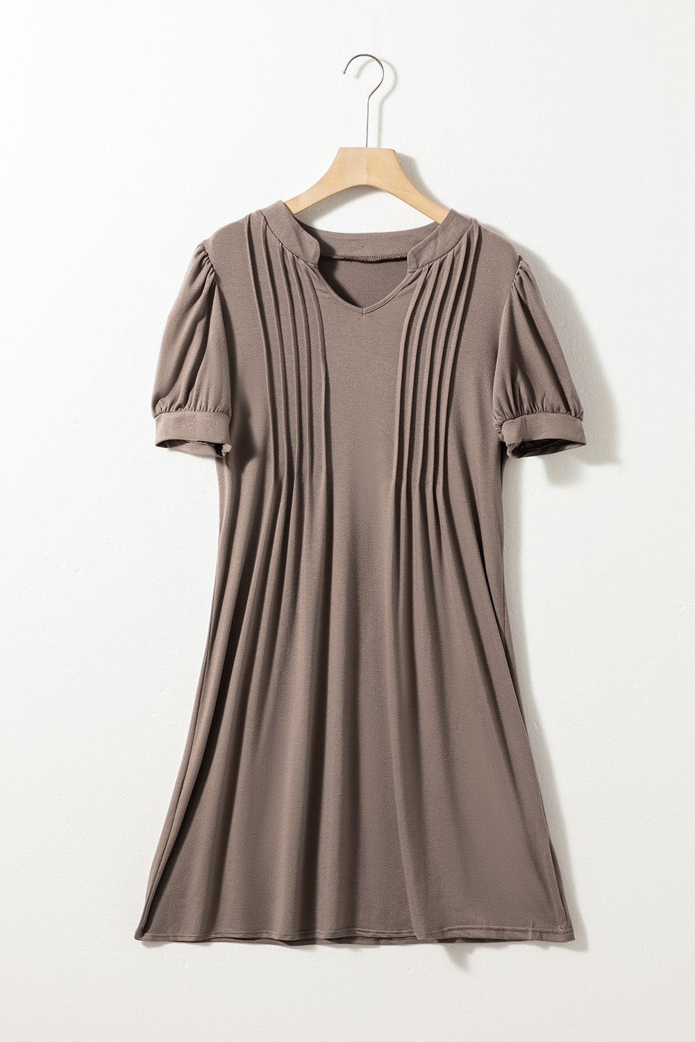 Fern Green Notched Neck Puff Sleeve Pleated T Shirt Dress 