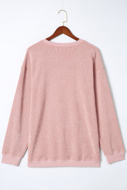 Pink Solid Ribbed Round Neck Pullover Sweatshirt 