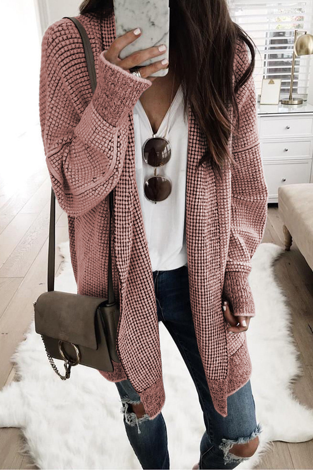 Pink Plaid Contrast Trim Casual Knit Long Cardigan 