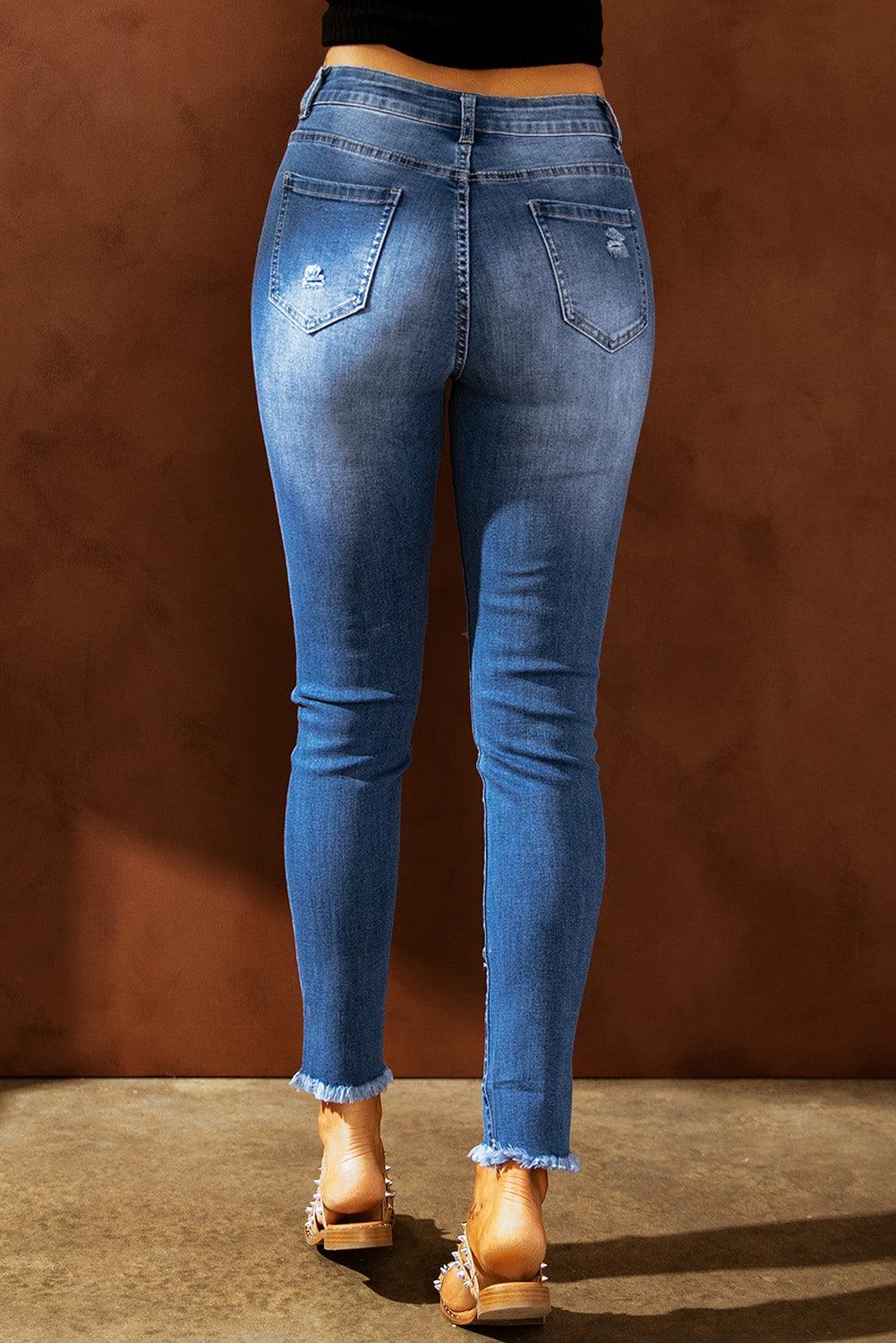 Light Blue High Waist Distressed Skinny Jeans - Vesteeto